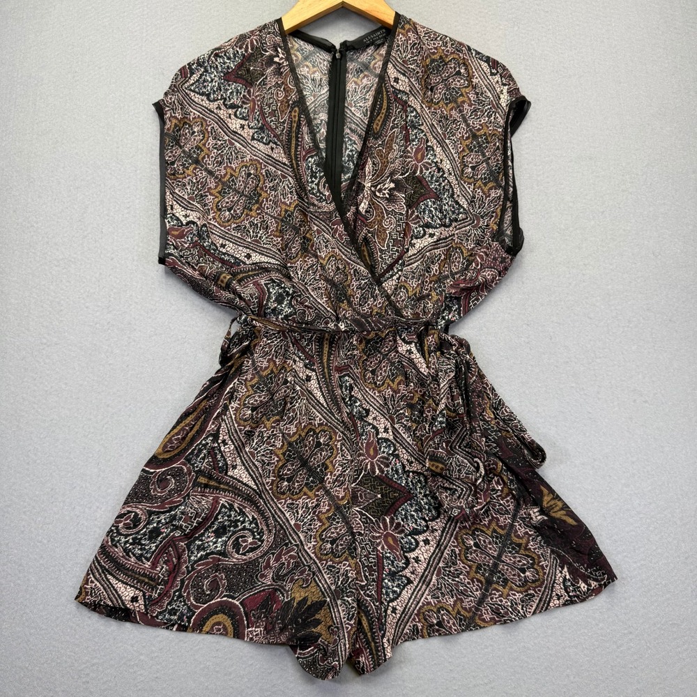 AllSaints Reid Scarf Playsuit Paisley Print Romper Black Burgundy WP030R‎ Size 0